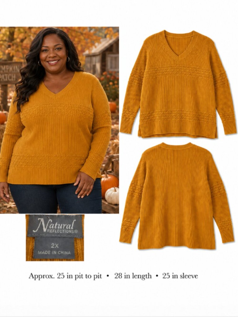 Natural Reflections Mustard Gold V-Neck Ribbed Textured Knit Sweater - 2X